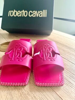Roberto Cavalli Leather Braided Slides Monogram RC Logo Pink Sandals US 8 EU 38